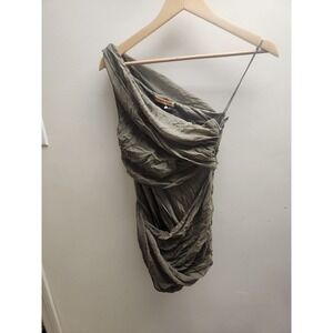 Alice Olivia One Shoulder Ruched Draped Dress Olive Green Zipper Detail